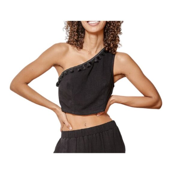LULUS Black Tassel One-Shoulder Crop Top Size L - Picture 1 of 8